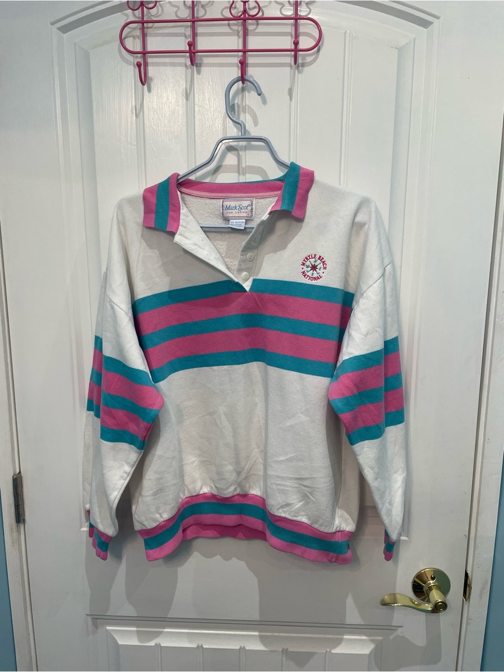 Retro Stripe Rugby Sweater in White with Pink & Teal Accents